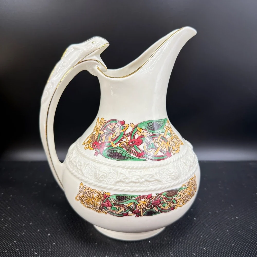 Cre Irish Porcelain Celtic Pitcher Galway Ireland Serpent Handle Gold Trim 7in‎